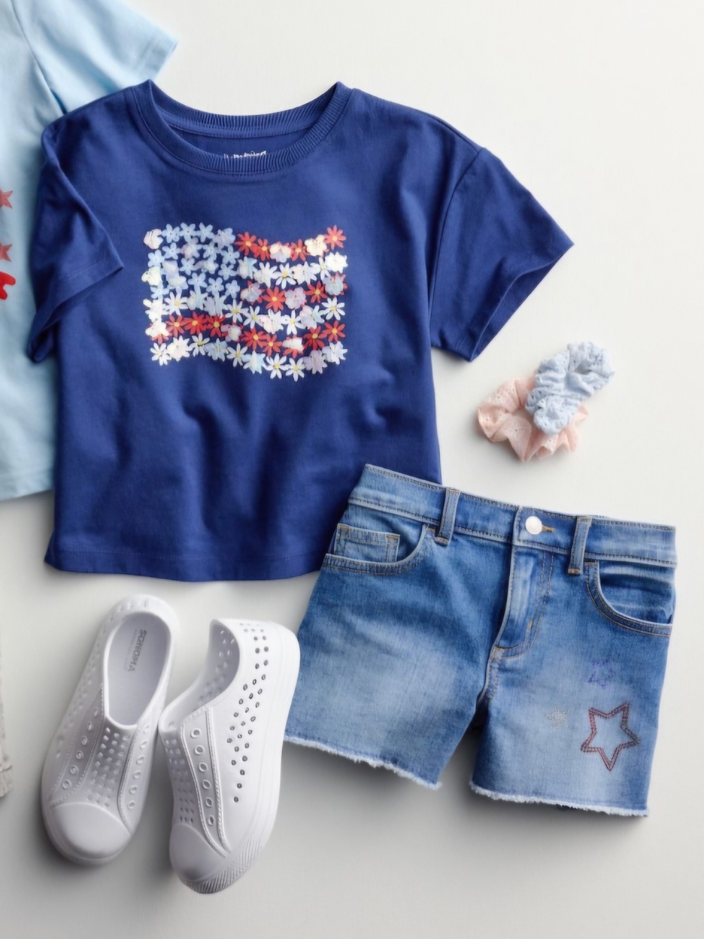 NWT Girls Size 4 Floral USA Flag Patriotic T-Shirt Navy Blue Americana